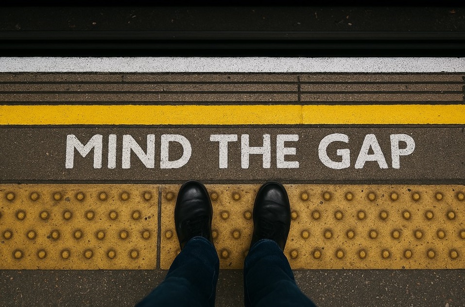 Mind the gap - feet and legs stood on a station platform behind writing saying Mind The Gap